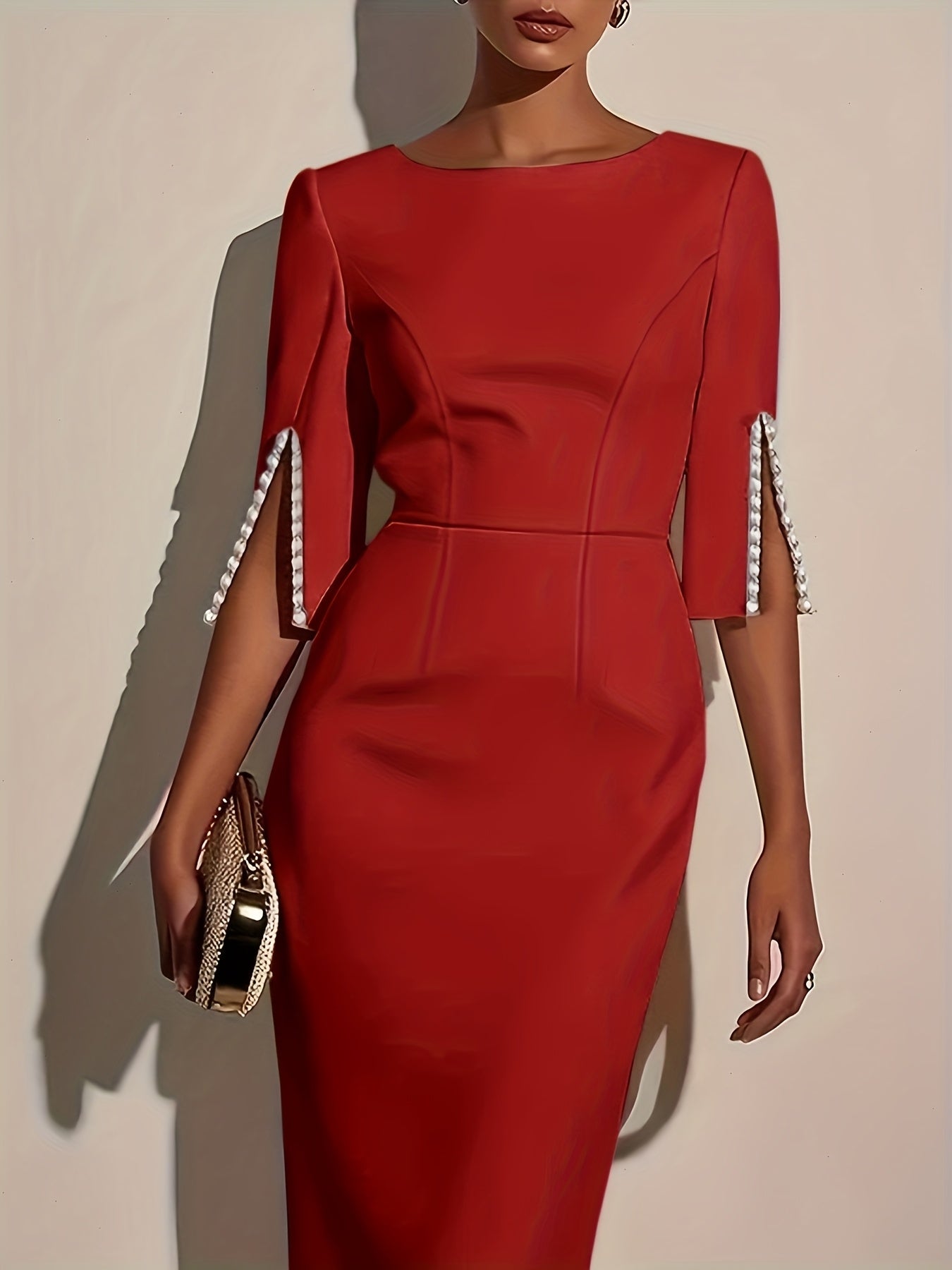 Elegant ZOELNIC Women's Pearl Bodycon Midi Dress with half sleeves, showcasing a sleek, fitted design and pearl embellishments.