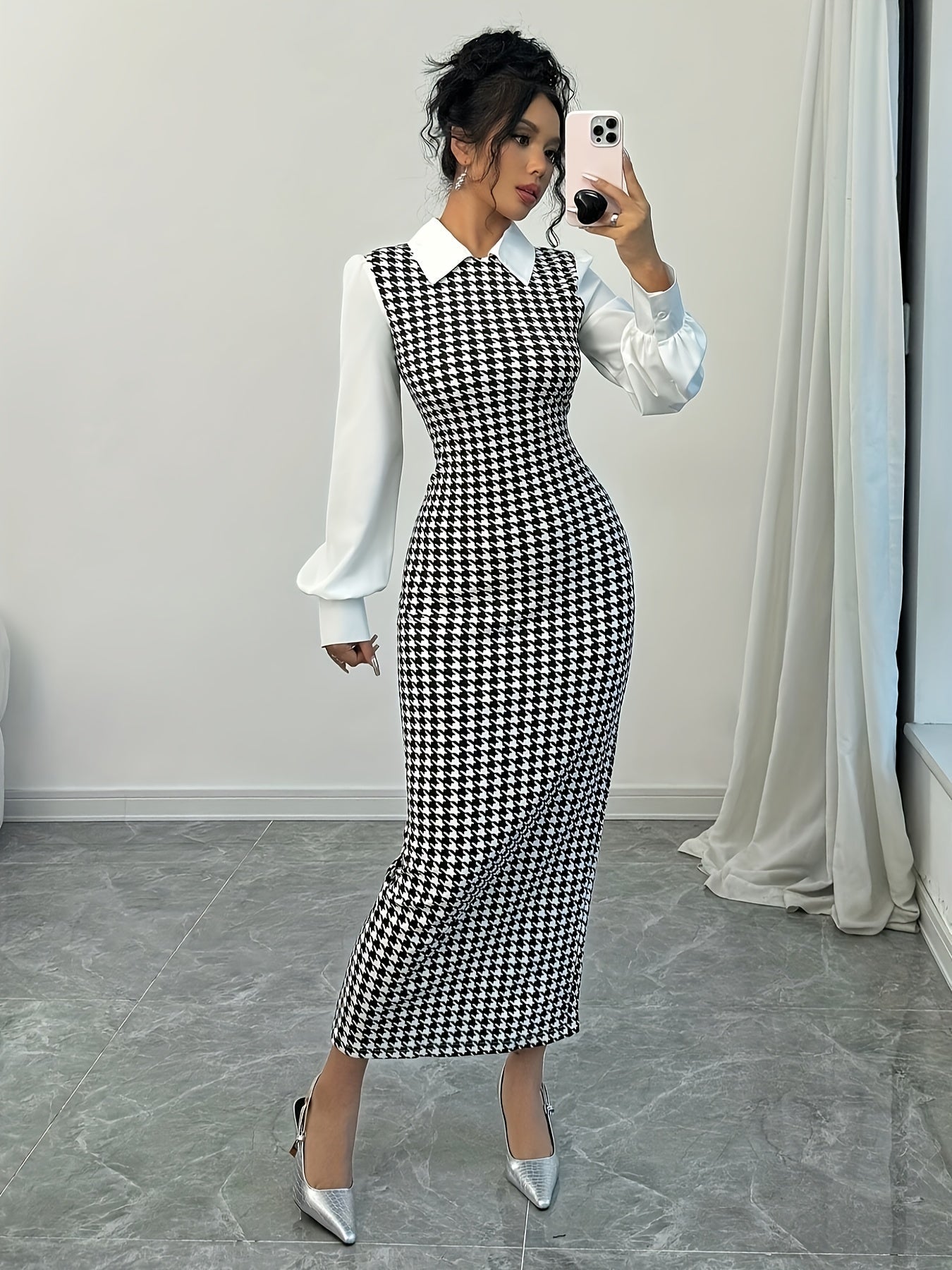 SHOWLU FASHION women's houndstooth bodycon dress with puffed sleeves, featuring a stylish and elegant fit.