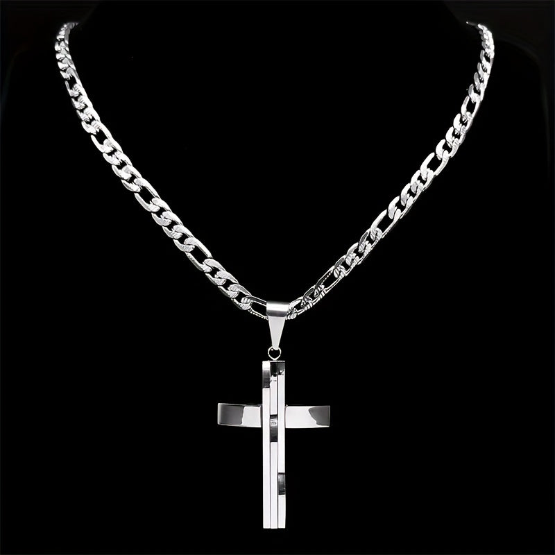 Showlu Men's 18K gold plated stainless steel layered cross necklace hanging on a display stand.