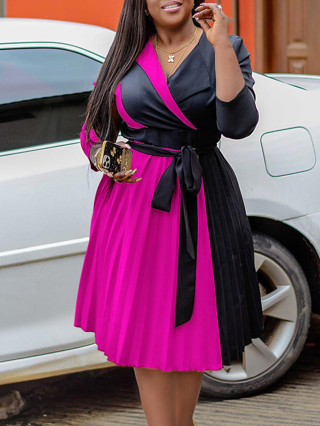 SHOWLU Plus Size V-Neck Pleated Strap Dress with polyester fabric, elegant design, and pencil skirt silhouette.