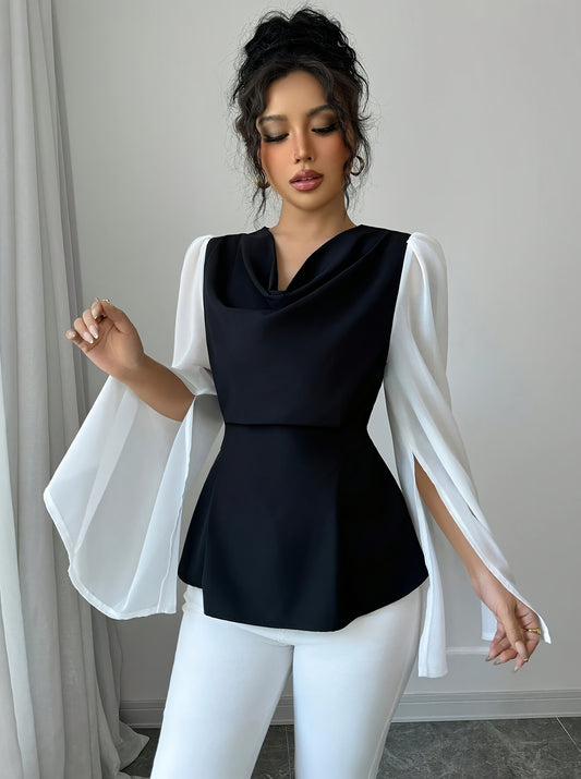 Women'S Elegant Black & White Pleated Waist Long Sleeve Top with Asymmetrical Hem - Chic Polyester Blend, All-Season Versatile Blouse for Casual or Formal Wear, Formal Attire | Asymmetrical Hem Top | Polyester Blend