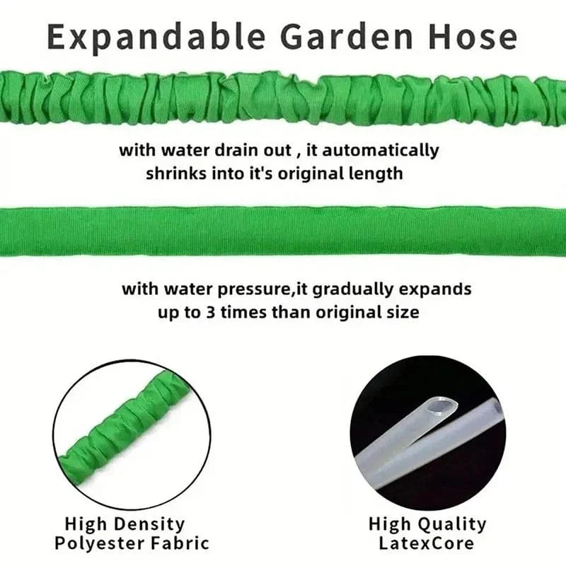 Showlu expandable garden hose in 25ft-200ft length, flexible high-pressure water pipe for watering, cleaning, and car washing.