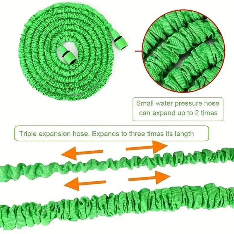 Showlu expandable garden hose in 25ft to 200ft length, flexible high-pressure water pipe for gardening, cleaning, and car washing.