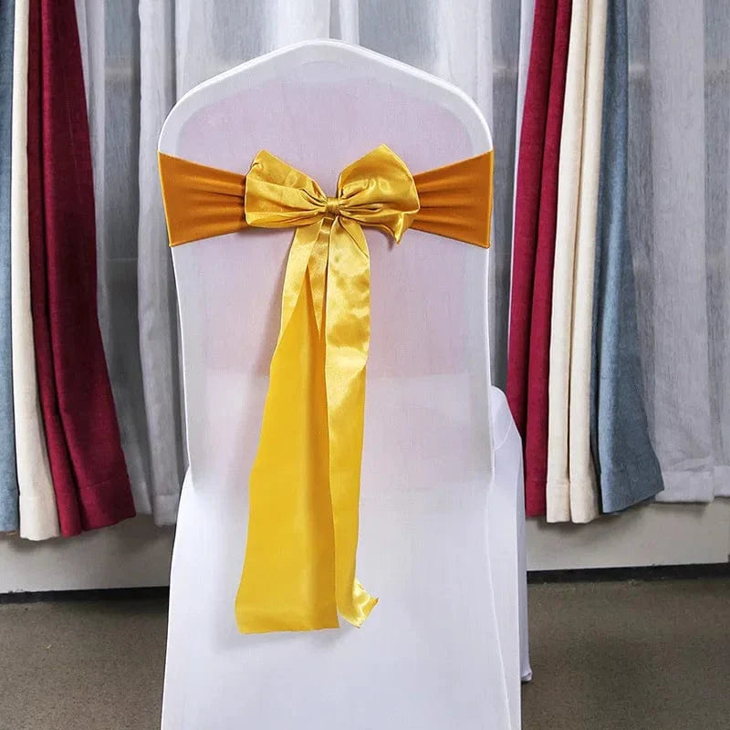 Set of 25 satin spandex chair cover bands with bow sashes, ideal for wedding and banquet party decoration.