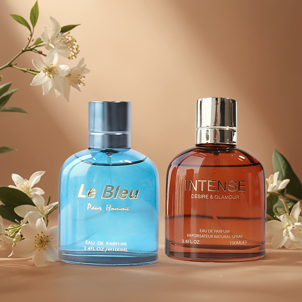 SHOWLU Men's perfume 2-pack with aromatic wood, lavender, and tobacco scents in 200ml bottles, displayed with fragrance caps.