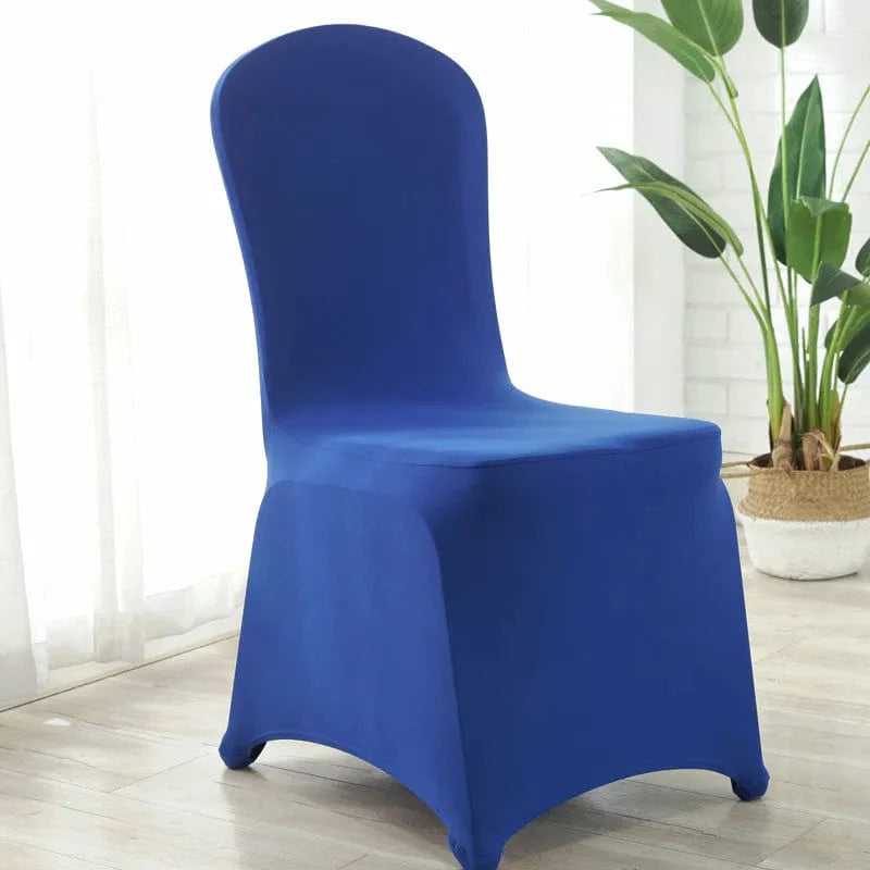 Showlu Spandex wedding chair covers on banquet chairs, stretchy universal slipcovers for restaurant, hotel, and dining events.