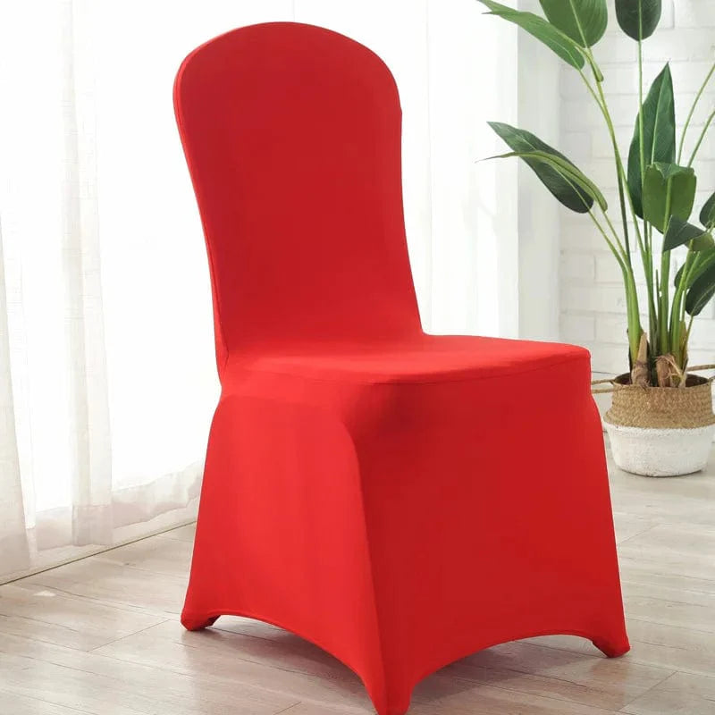 Showlu Spandex wedding chair covers on banquet chairs, stretchy and universal for hotel and event dining settings.