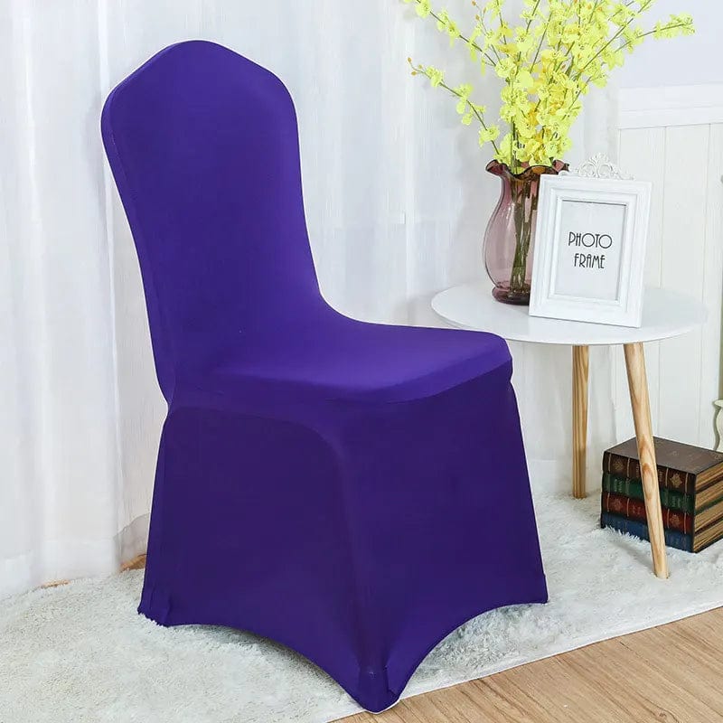 Showlu Spandex wedding chair covers fitted over banquet and hotel chairs, perfect for weddings and events.