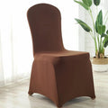 Showlu Spandex wedding chair covers on banquet chairs, stretchy universal slipcovers for restaurant, hotel, and dining events.