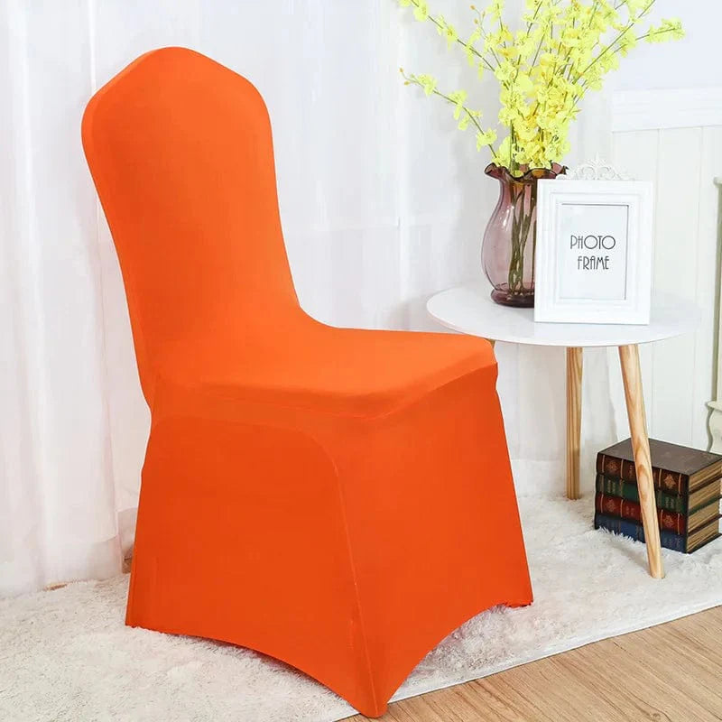 Showlu Spandex wedding chair covers, stretch universal slipcovers for dining, banquet, hotel, and event chairs, in white.