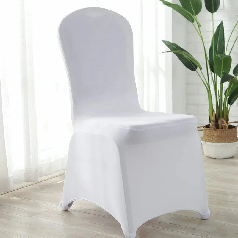 Showlu Spandex wedding chair covers fitted over banquet chairs, versatile stretch slipcovers for dining and event settings.
