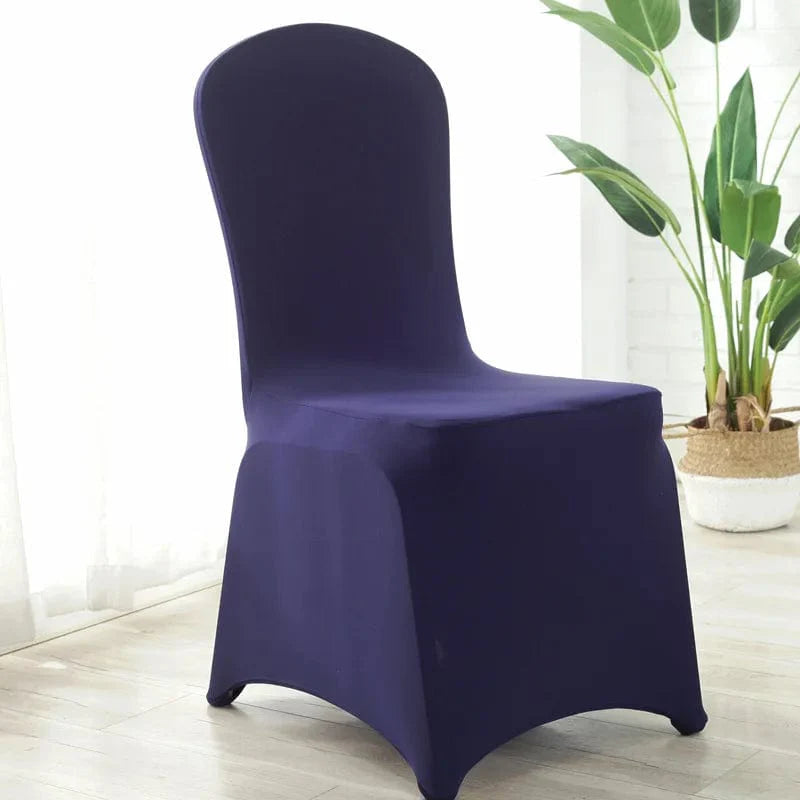 Set of 100 Showlu Spandex Wedding Chair Covers, stretch universal slipcovers for banquet, restaurant, and hotel dining chairs.