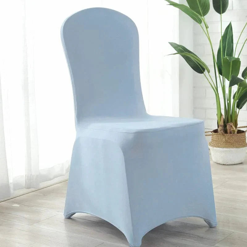 Showlu Spandex wedding chair covers on banquet chairs, stretch universal slipcovers for restaurant, hotel, and party decor.