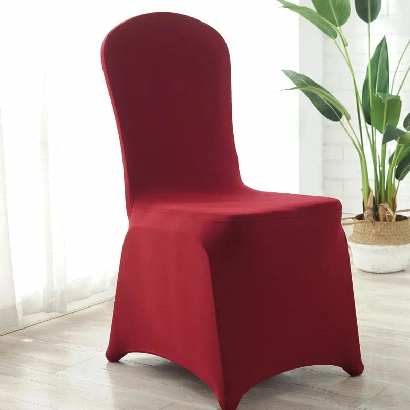 Showlu Spandex wedding chair covers on banquet chairs, stretchy universal slipcovers for restaurant, hotel, and party decor.