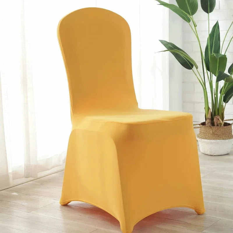 Showlu Spandex wedding chair covers fitted over banquet and hotel dining chairs for elegant event decoration.