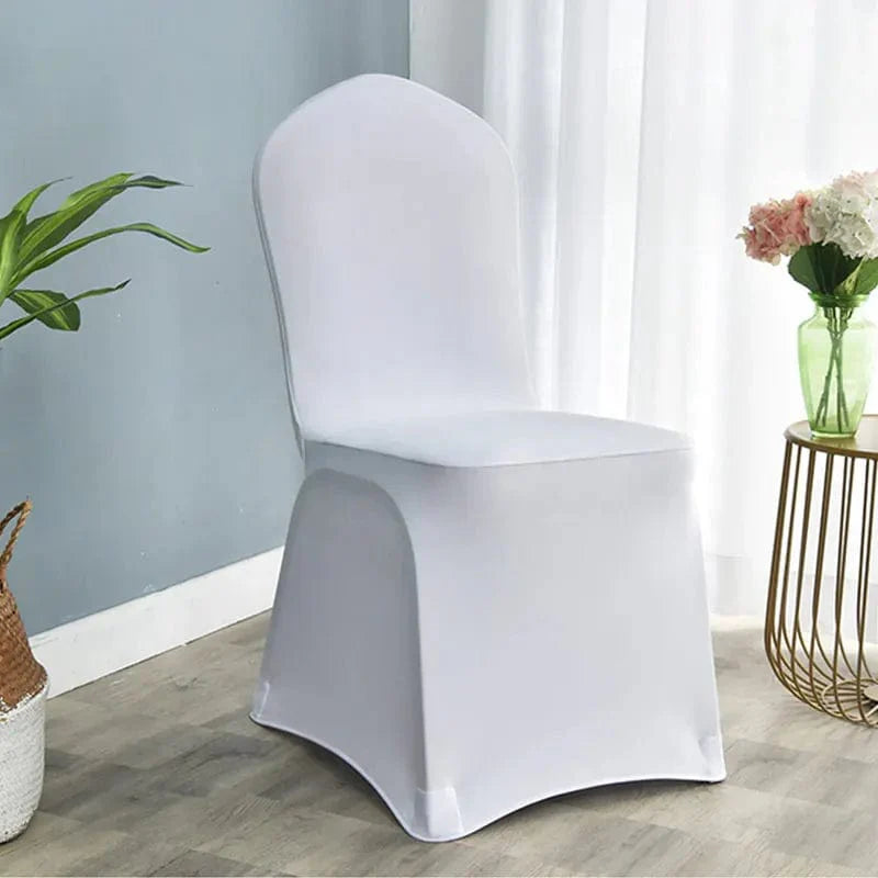 Showlu Spandex Wedding Chair Covers on banquet chairs, stretchy universal slipcovers for restaurant and hotel dining events.