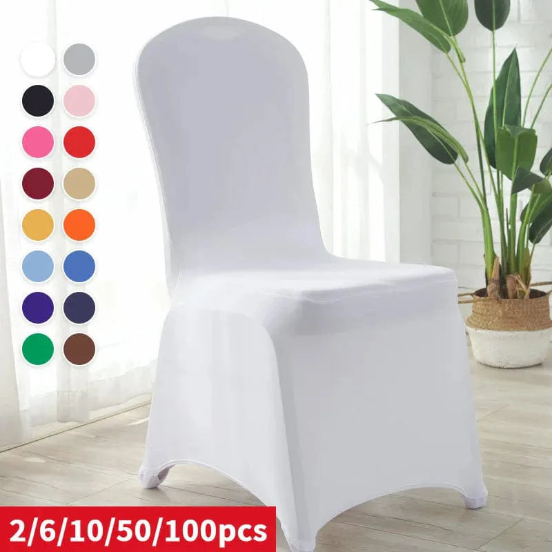 Showlu Spandex wedding chair covers fitting banquet, hotel, and dining chairs, stretchy universal slipcovers for elegant event decor.