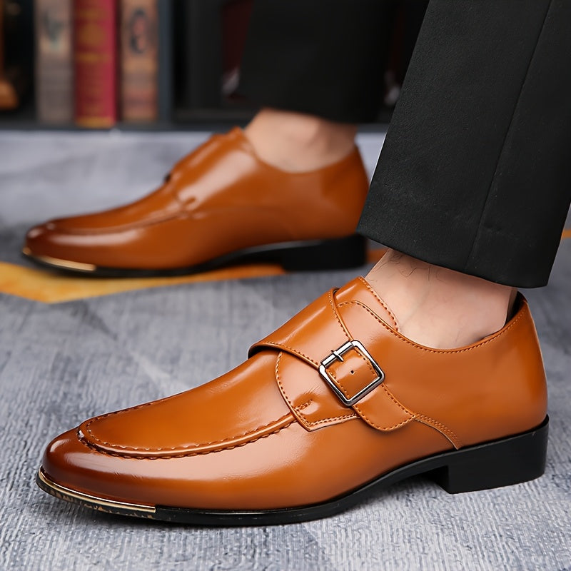 SHOWLU Men's pointed toe slip-on business casual shoes in solid PU leather, featuring sleek design and comfortable fit.