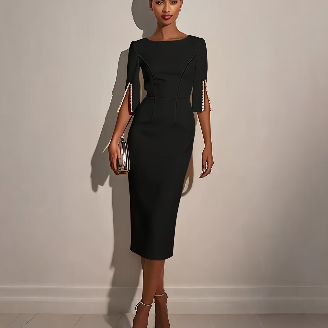 SHOWLU FASHION STORE women's pearl bodycon midi dress featuring an elegant design with half sleeves and a fitted silhouette.
