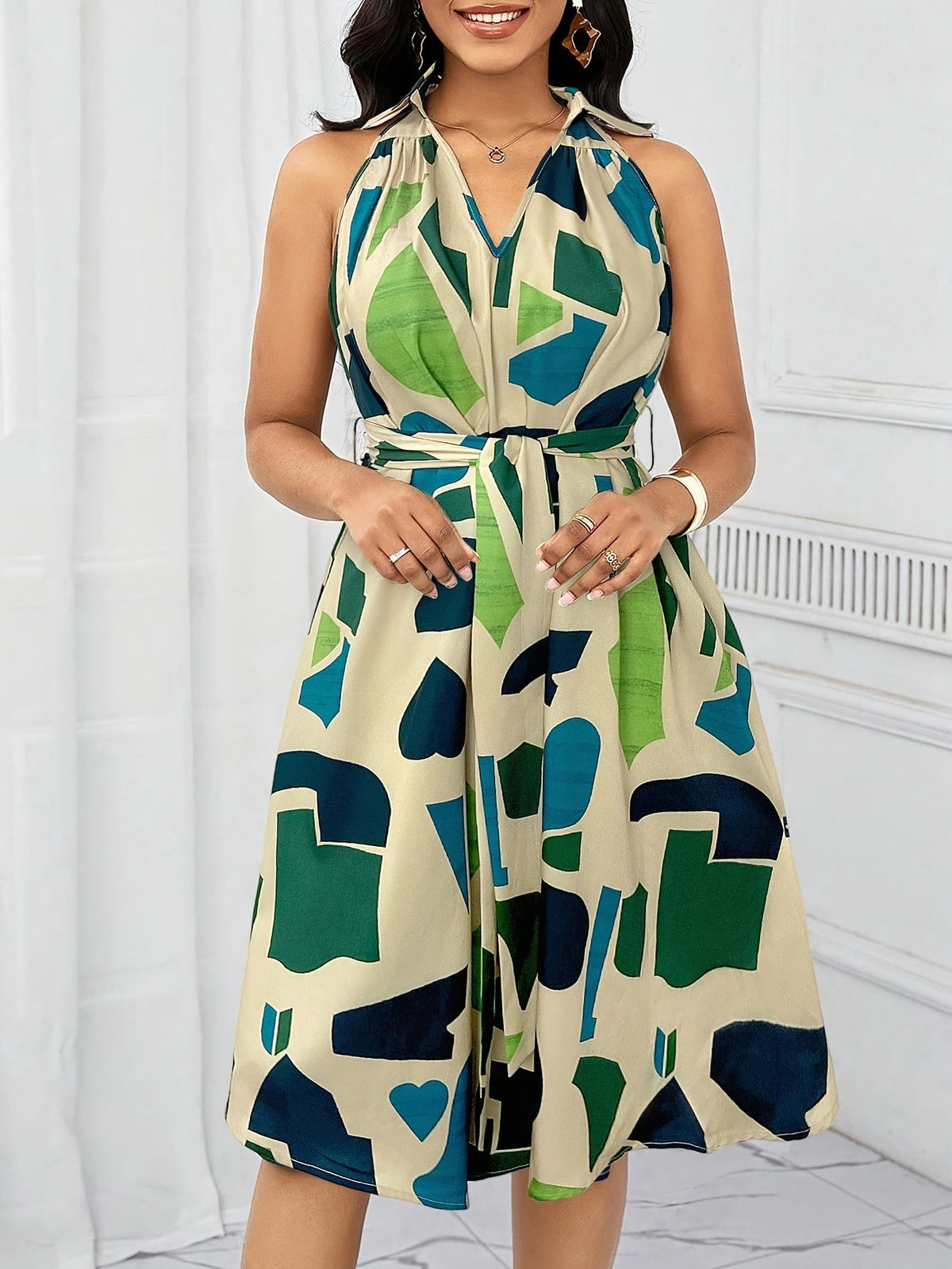 SHOWLU FASHION STORE women's geometric print V-neck A-line dress with bow waist tie, showcasing stylish design and pattern detail.