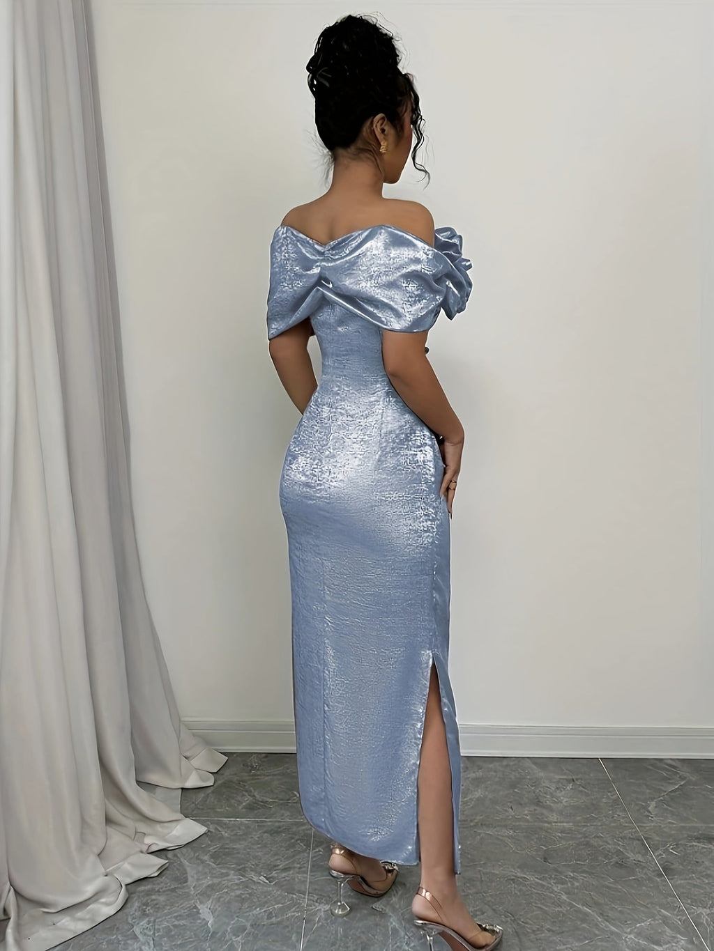 Red off-shoulder SHOWLU FASHION bodycon maxi dress with a high slit, fitted silhouette, and elegant design.
