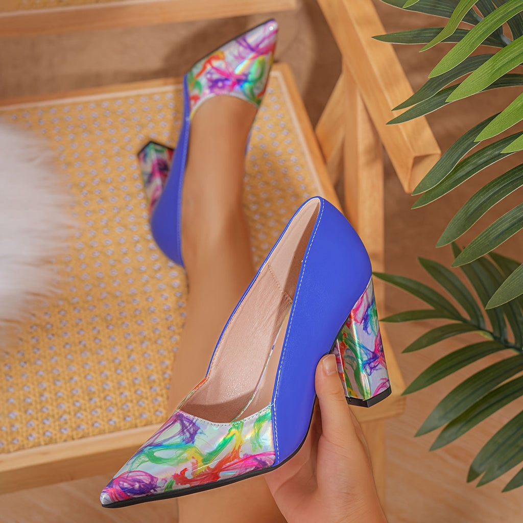 Green abstract pointed toe chunky heel women's pumps by SHOWLU FASHION, showcasing stylish design and comfortable heel height.