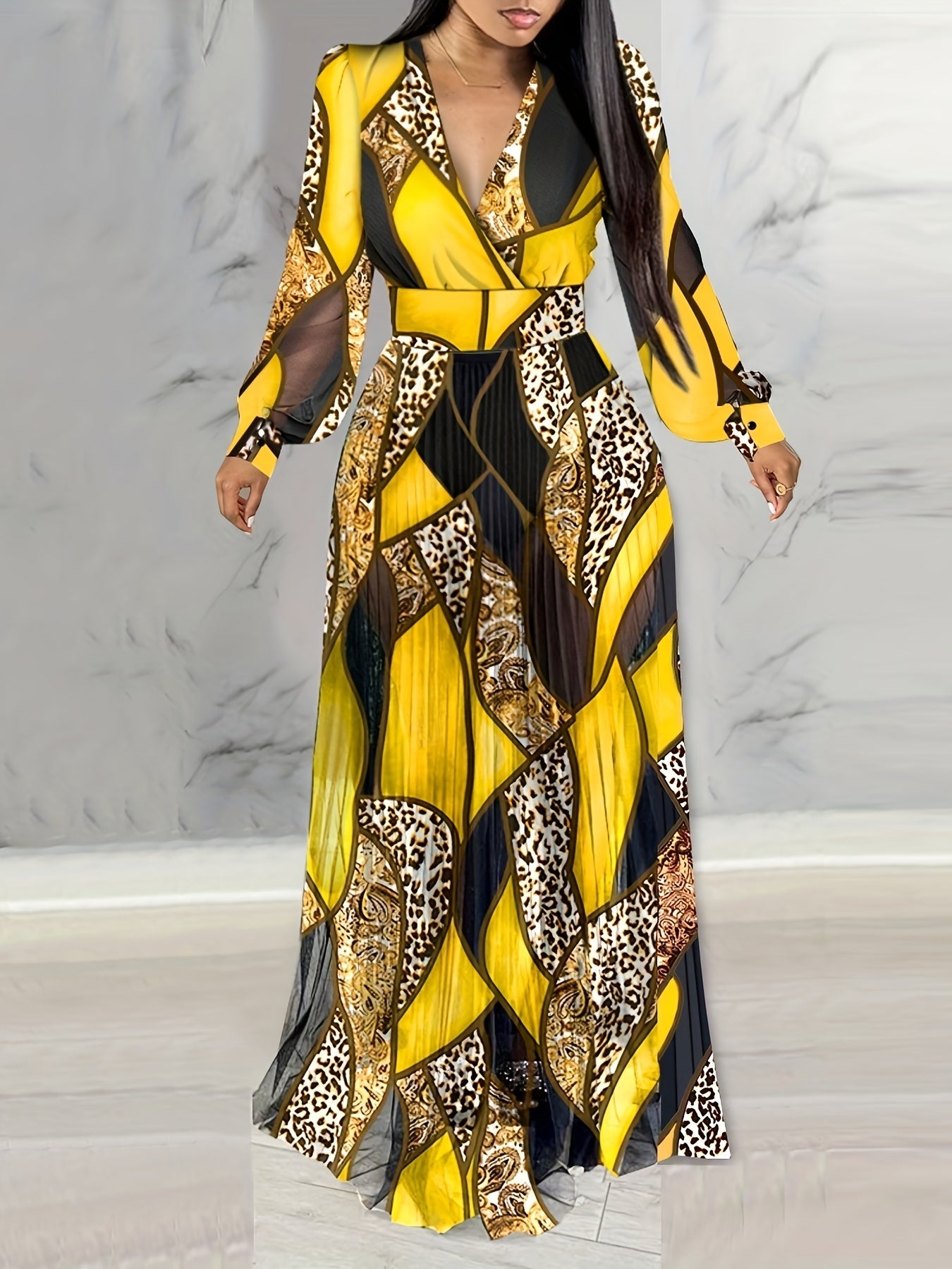 Leopard Print Lantern Sleeve Sheer V-Neck Sheer Mesh Maxi Dress Elegant Evening Dress SHOWLU FASHION STORE