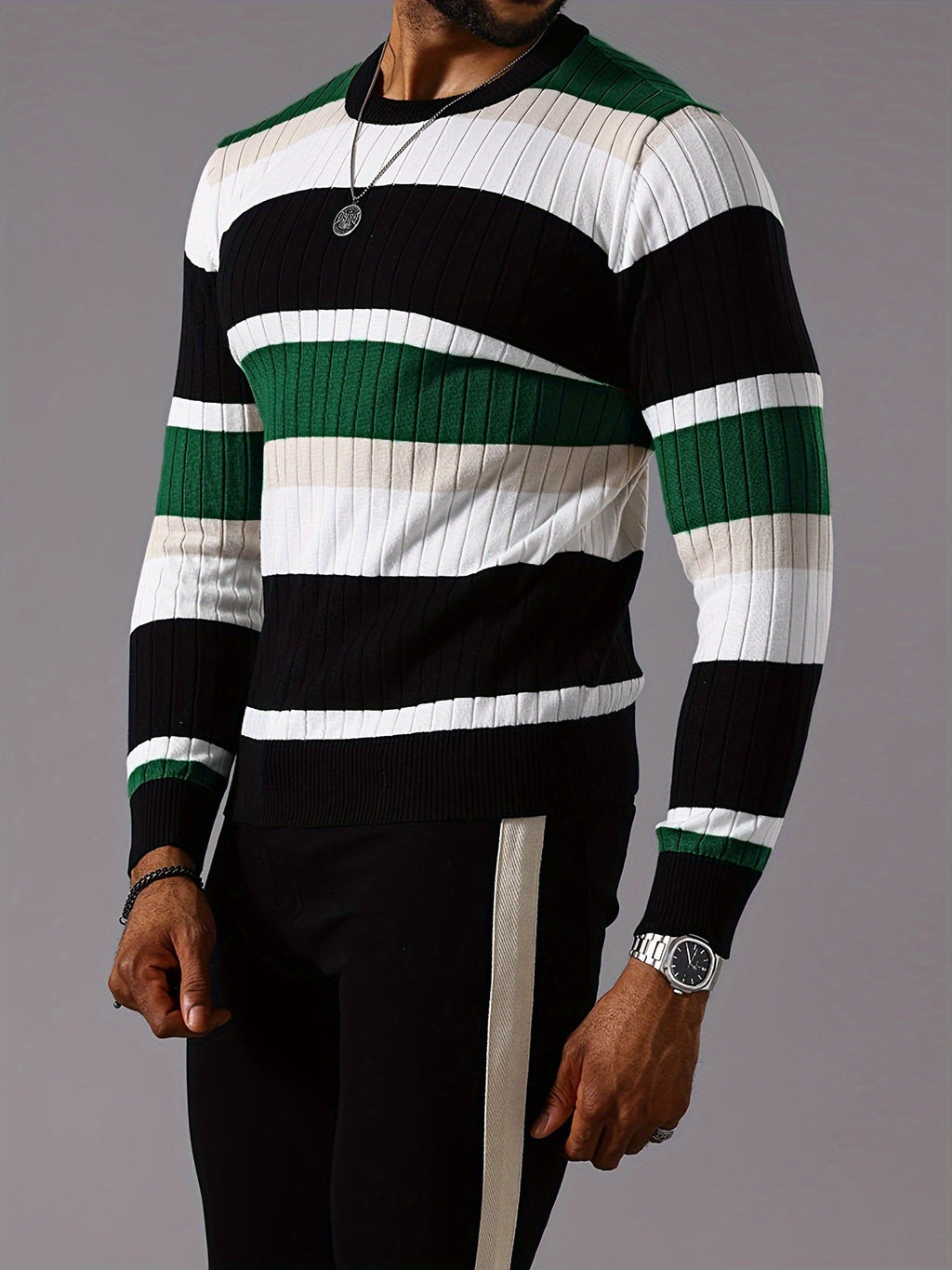 SHOWLU Men's striped ribbed knit sweater with long sleeves and crew neck, showcasing a cozy, stylish pullover design.
