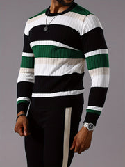 Men's Striped Color-Block Ribbed Knit Sweater - Long Sleeve Round Neck Pullover with Elastic Comfort Fit, Machine Washable Casual Fall Winter Top in Black/White/Green/Beige, Knit Sweater, Medium Elasticity