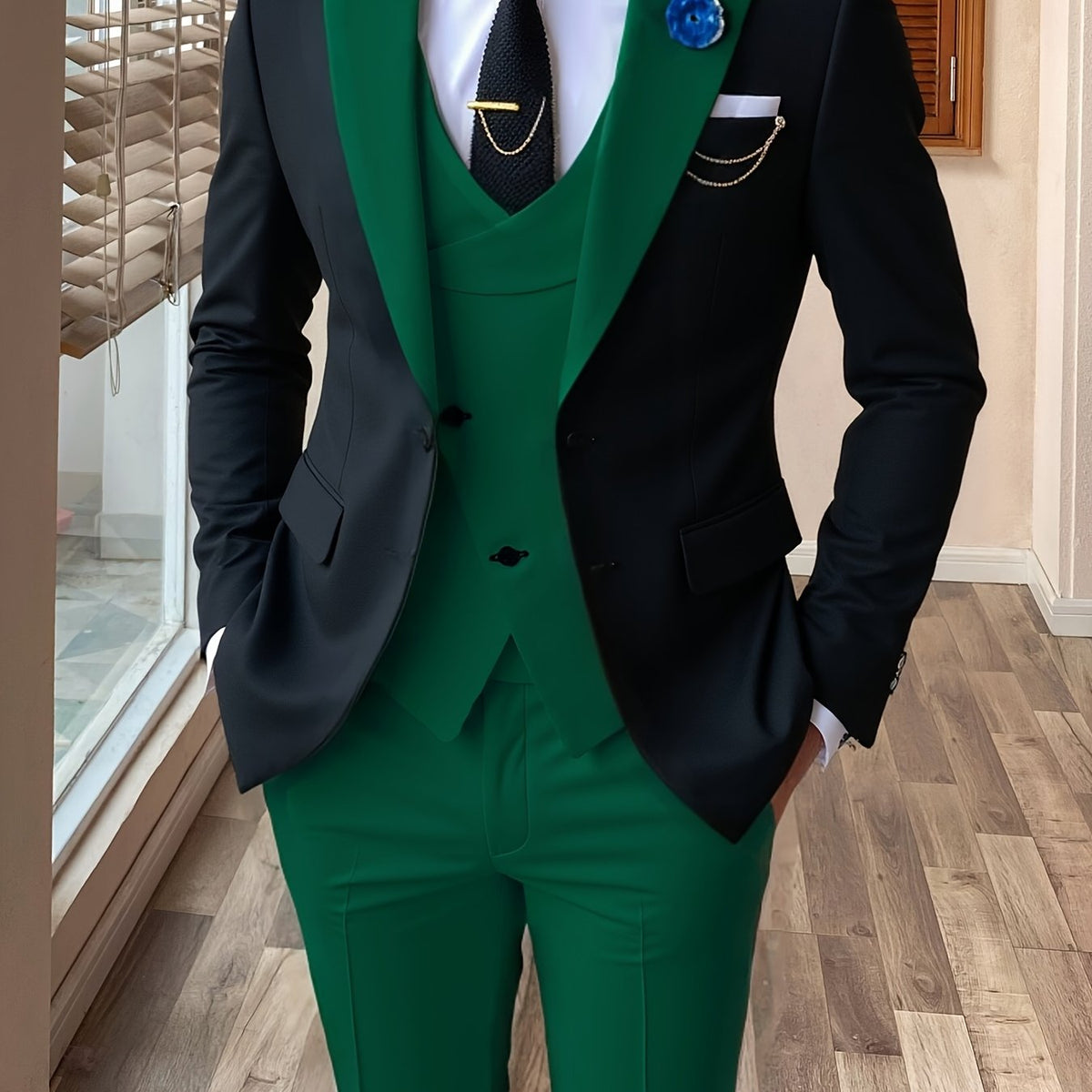 Showlu Fashion men's 3-piece color block slim fit tuxedo suit set, featuring jacket, vest, and trousers in a stylish color block design.
