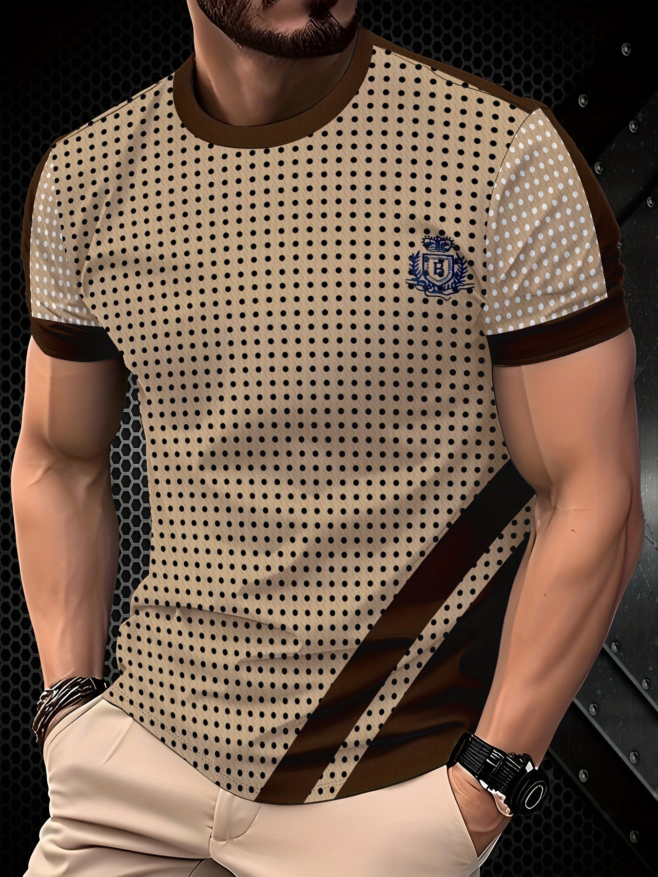 SHOWLU Men's polka dot short sleeve T-shirt in regular fit, made of polyester, featuring a stylish polka dot pattern.