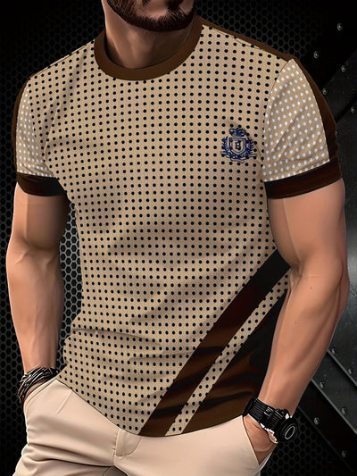 [Trendy T-Shirt] Comfortable Breathable Men's Polka Dot Short Sleeve T-Shirt | Regular Fit All-Season Casual Top with Contrast Brown Accents, Machine Washable, Trendy Urban Style, Durable Casualwear