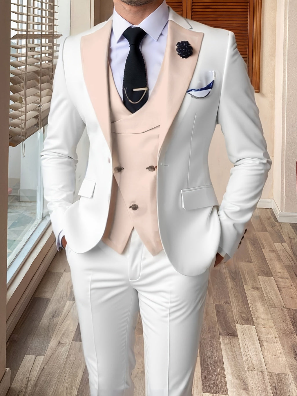 SHOWLU FASHION men's 3-piece slim fit wedding suit with color block design and notch lapel, featuring tailored jacket, vest, and trousers.