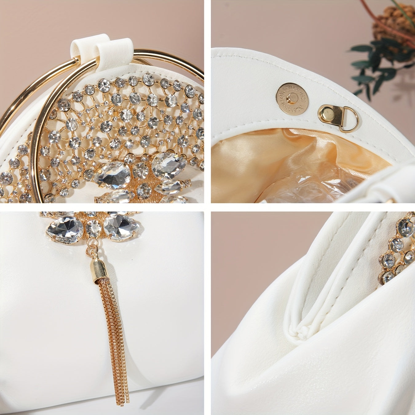 White PU PIDE Rhinestone Schoolbag Clutch with chain strap, showing its sparkling rhinestone embellishments and crossbody design.