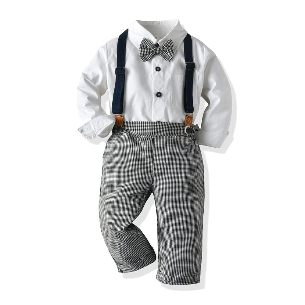 Toddler boys cotton suit with suspenders and bow tie, featuring a stylish design from SHOWLU FASHION STORE.