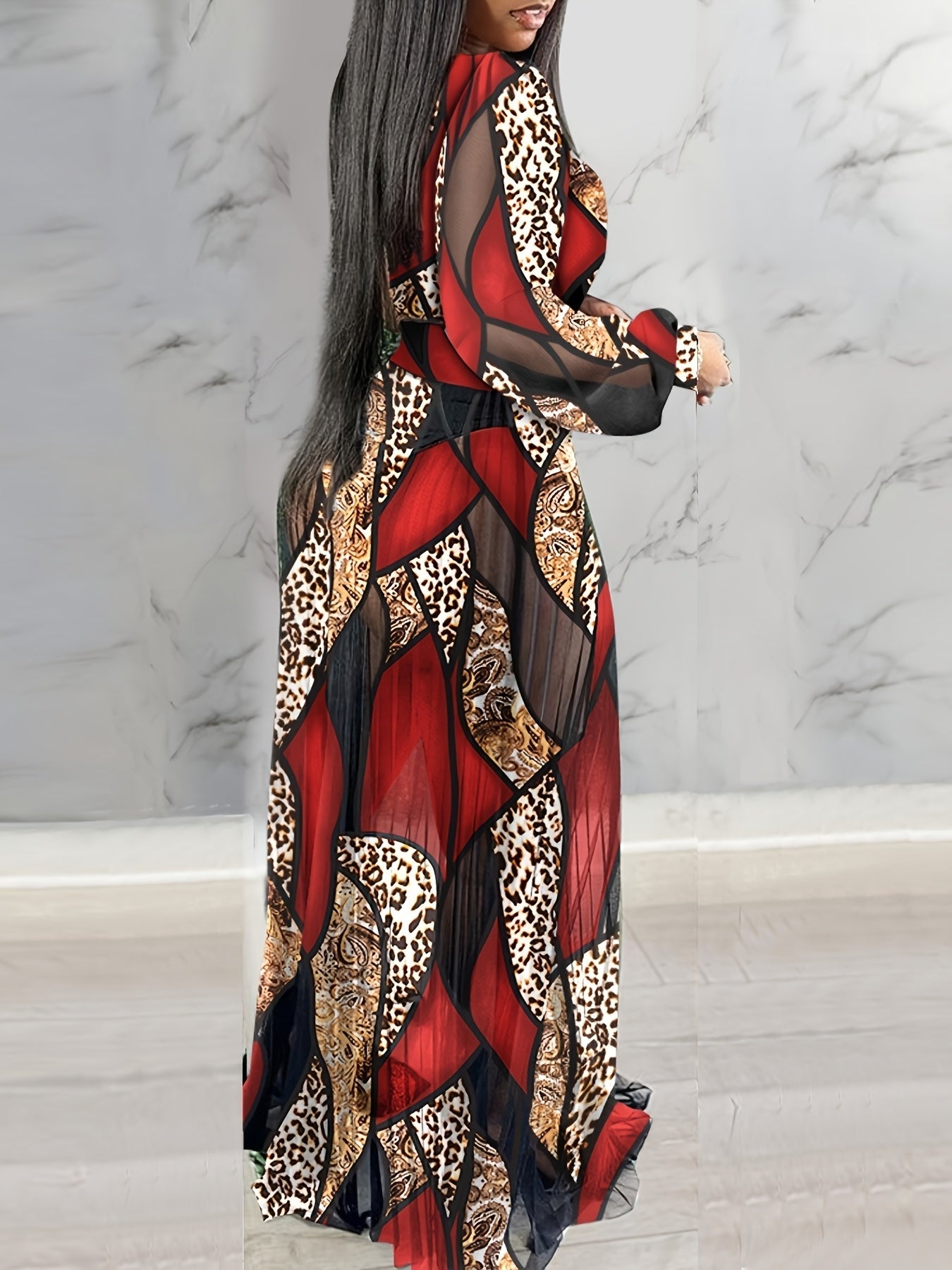 Leopard Print Lantern Sleeve Sheer V-Neck Sheer Mesh Maxi Dress Elegant Evening Dress SHOWLU FASHION STORE