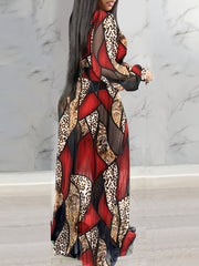 Leopard Print Lantern Sleeve Sheer V-Neck Sheer Mesh Maxi Dress Elegant Evening Dress SHOWLU FASHION STORE