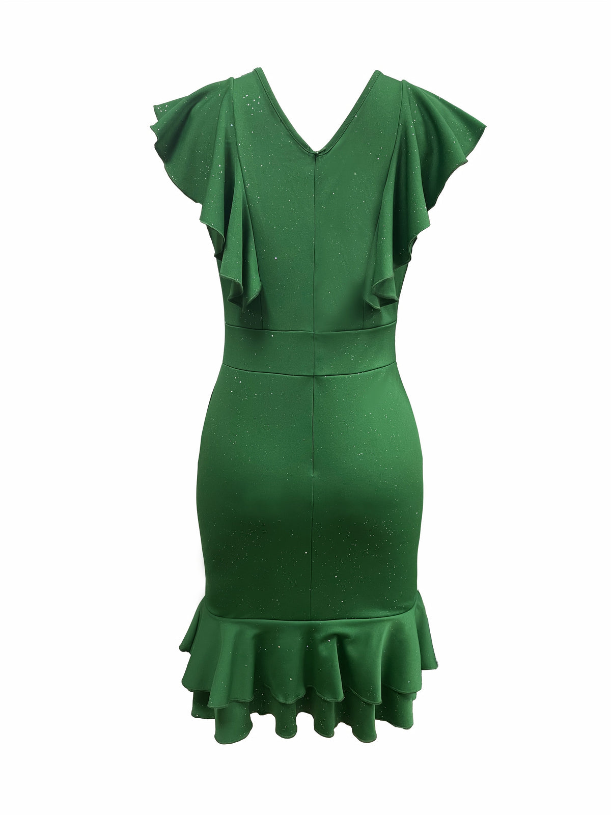 Emerald green SHOWLU FASHION bodycon midi dress with v-neckline and ruffled sleeves, stylish and fitted for elegant occasions.