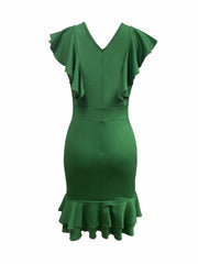 Emerald Green V-Neck Ruffled Sleeve Bodycon Dress - Stretchy Machine-Washable Midi Dress for Women, Elegant Solid Color All-Season Versatile Fit