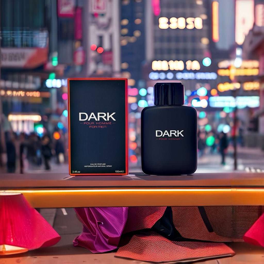 Dark Noir men's Eau de Parfum with lavender and lemon scent, 3.4oz bottle, showcasing sleek dark packaging