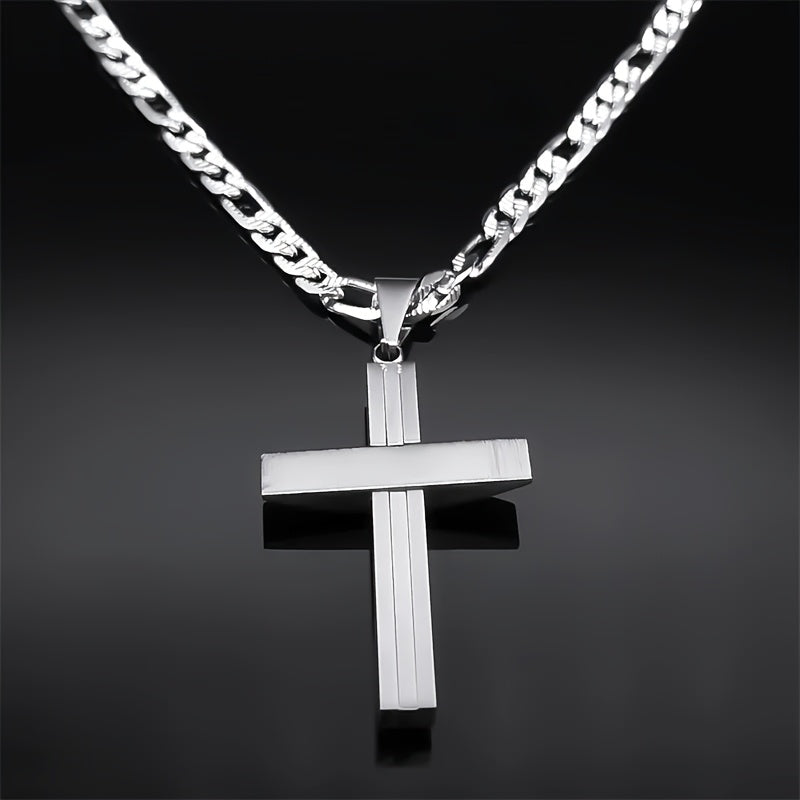 Showlu men's layered cross necklace with 18K gold-plated stainless steel chain and detailed cross pendant.