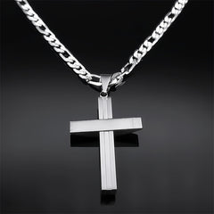 A silver-toned stainless steel cross pendant hangs from a matching curb chain.