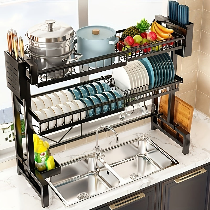 SHOWLU FASHION 2-Tier Expandable Carbon Steel Over Sink Dish Rack with utensils holder and draining tray.