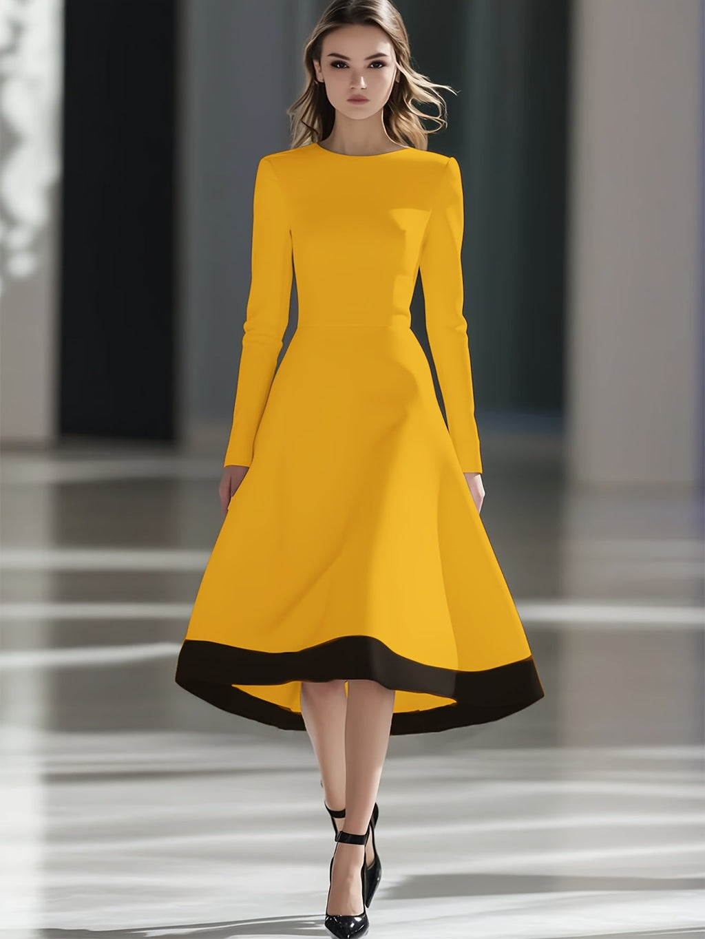Burgundy SHOWLU FASHION women's long sleeve midi dress with A-line knit design, perfect for stylish and comfortable wear.