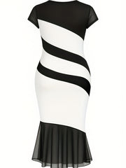 Women's Elegant Color-Block Patchwork Bodycon Dress - White & Black Contrast Round Neck Summer Dress, Machine Washable Versatile Casual & Formal Wear, Tight Fitted Dress