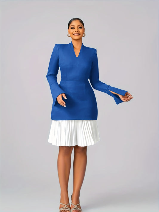 Women's Color Block Pleated Skirt - V-Neck Blue and White Two-Piece Dress, Waist-Cinched Long Sleeve Midi Workwear Flare Dress for Office Style