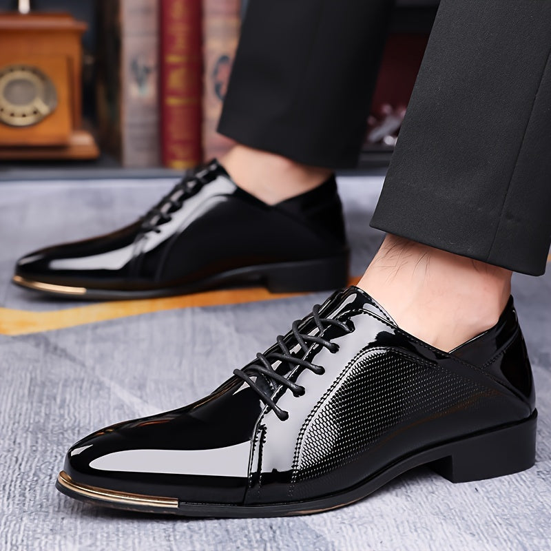 SHOWLU men's pointed toe lace-up dress shoes made of solid PU leather, classic Oxford style, with sleek black finish.