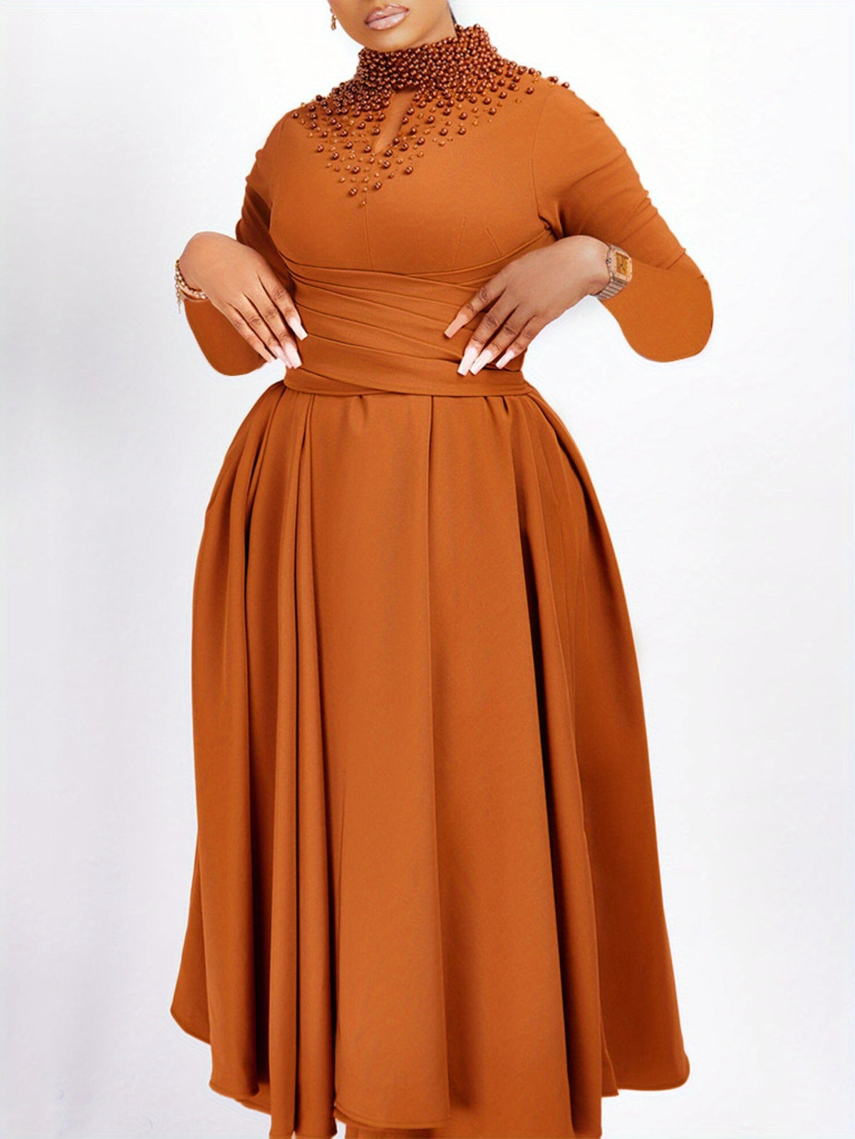 Red beaded bodycon dress for women with long sleeves by SHOWLU FASHION, stylish and form-fitting gown for special occasions.