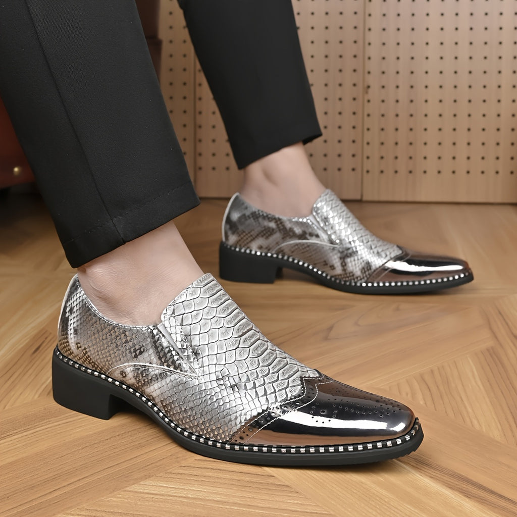 Men's snake scale patchwork slip-on formal shoes with chunky heel by Showlu Fashion, featuring a stylish snake pattern and sleek design.