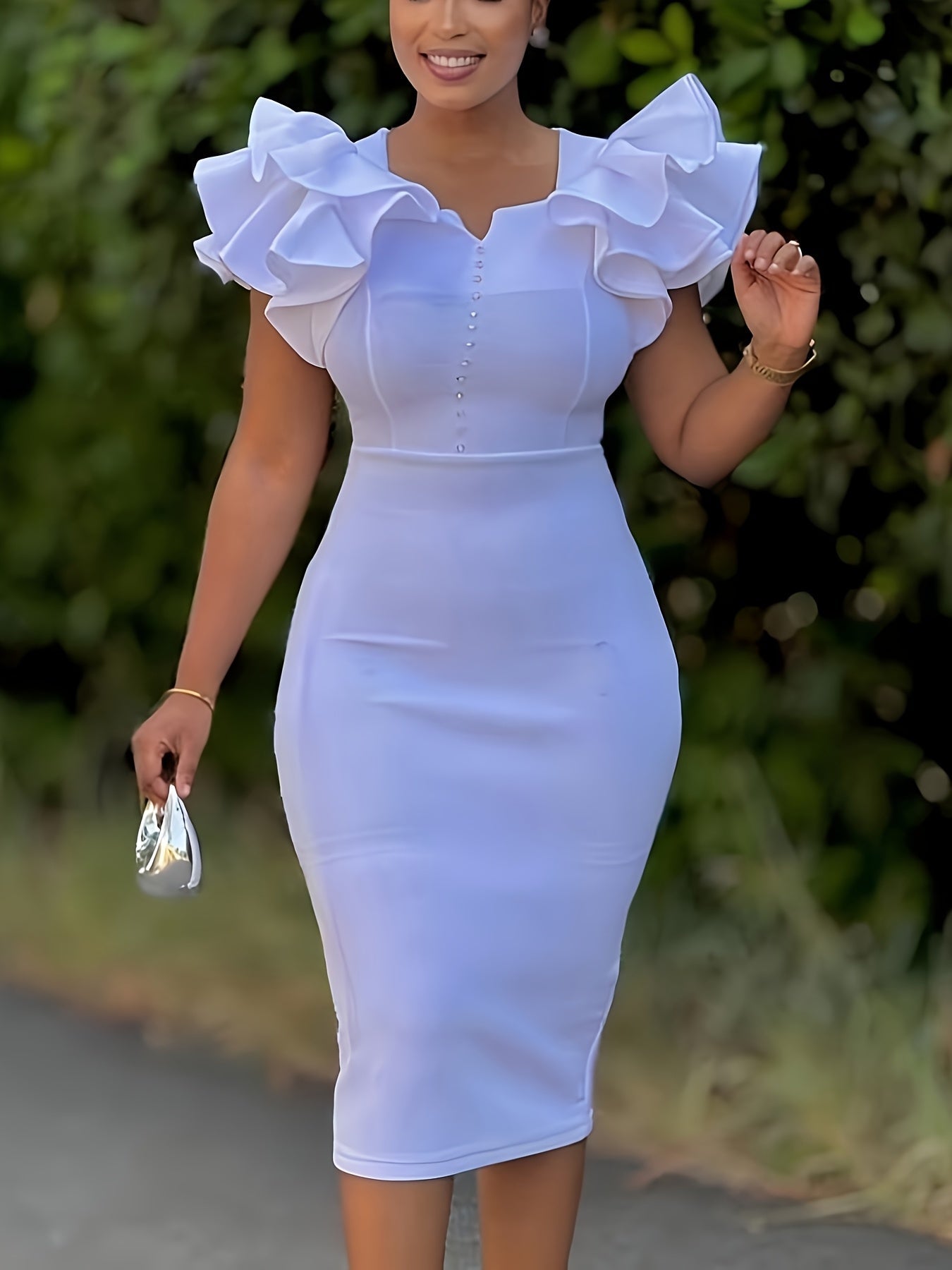 SHOWLU FASHION square neck ruffle sleeve bodycon midi party dress displayed on a model with a fitted silhouette and stylish design.